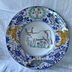Keramika Blue & White Floral Animal Plate, Hand Painted Ceramic Wall Hanging